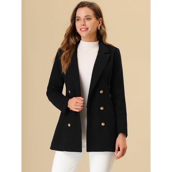 Double Breasted Short Pea Coat Tie Waist Winter Lapel Overcoat with Belt Black - Picture 2 of 5